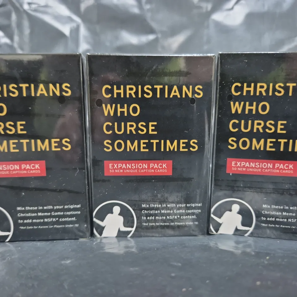 BOX OF APPROXIMATELY 25 SEALED CHRISTIANS WHO CURSE SOMETIMES EXPANSION PACKS FOR THE CHRISTIAN MEME GAME