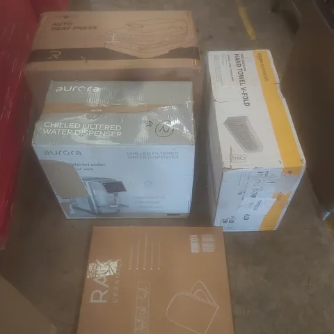 PALLET OF ASSORTED HOUSEHOLD GOODS AND PRODUCTS TO INCLUDE; AUTO HEAT PRESS, WATER FILL, PAPER HAND TOWELS, TOILET SEAT ETC