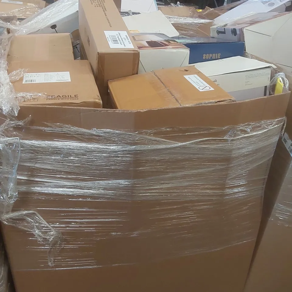 PALLET CONTAINING A VERY LARGE QUANTITY OF ASSORTED DESIGNER LIGHTING PRODUCTS TO INCLUDE: CEILING LIGHT, TABLE LAMPS, FLOOR LAMP ECT