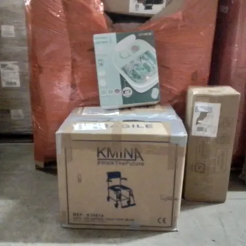 PALLET OF ASSORTED HOUSEHOLD GOODS AND PRODUCTS TO INCLUDE;FOOT SPA,WHEEL CHAIR TOILET CHAIR,PLAYPEN