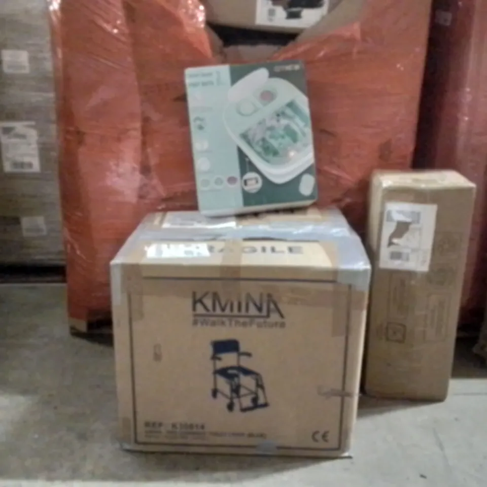 PALLET OF ASSORTED HOUSEHOLD GOODS AND PRODUCTS TO INCLUDE;FOOT SPA,WHEEL CHAIR TOILET CHAIR,PLAYPEN