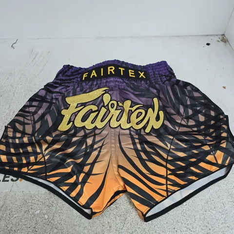FAIRTEX MUAY THAI SHORTS – BLACK/ORANGE TIGER PRINT, UK M