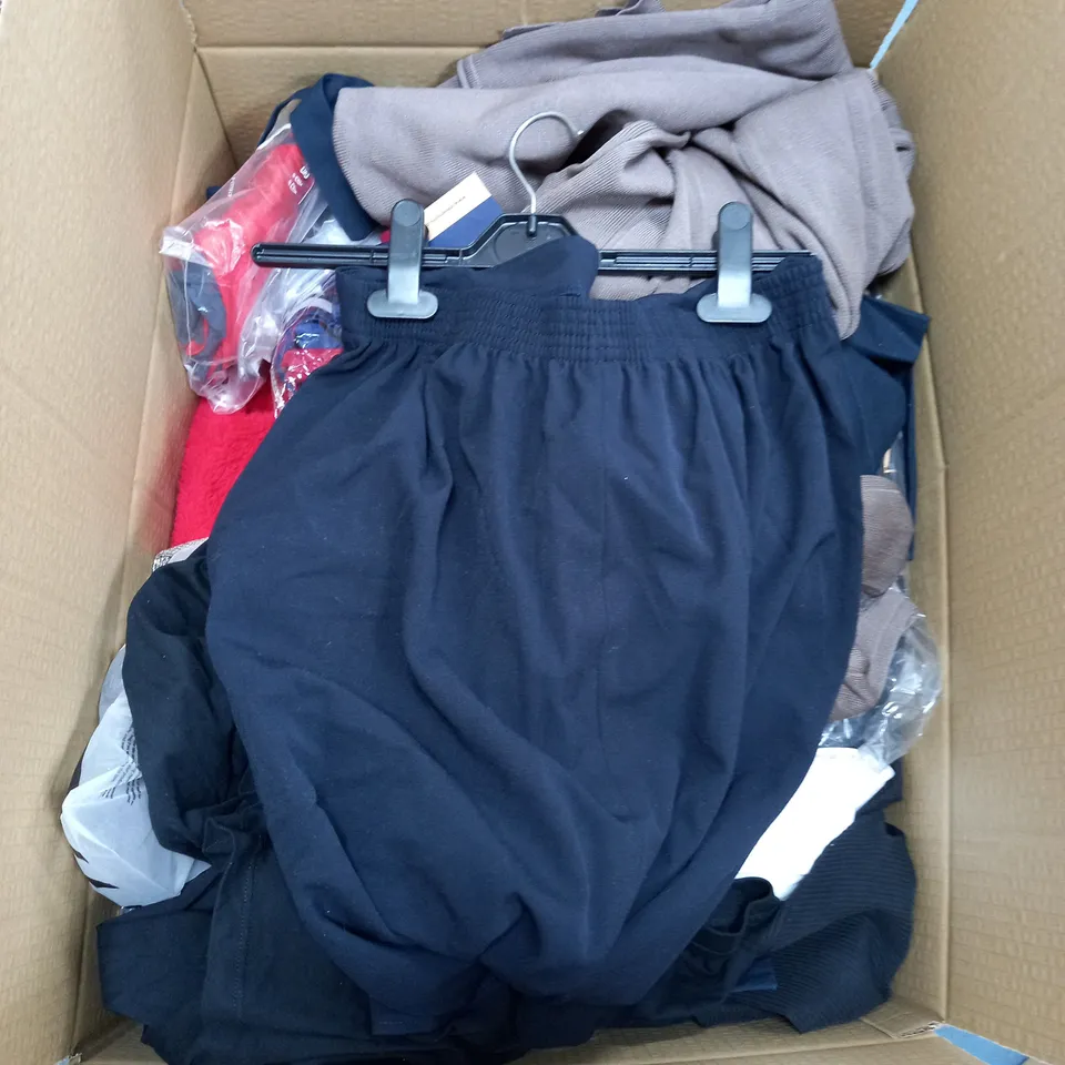 BOX OF ASSORTED CLOTHING ITEMS TOO INCLUDE JUMPERS, SHIRTS AND TROUSERS IN VARIOUS SIZES AND COLOURS   