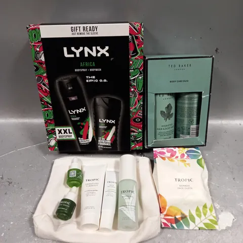 LOT OF 3 ASSORTED COSMETIC BOXSETS TO INCLUDE - LYNX AFRICA BODY COLLECTION - TED BAKER BODY CARE DUO - TROPIC SKINCARE COLLECTION