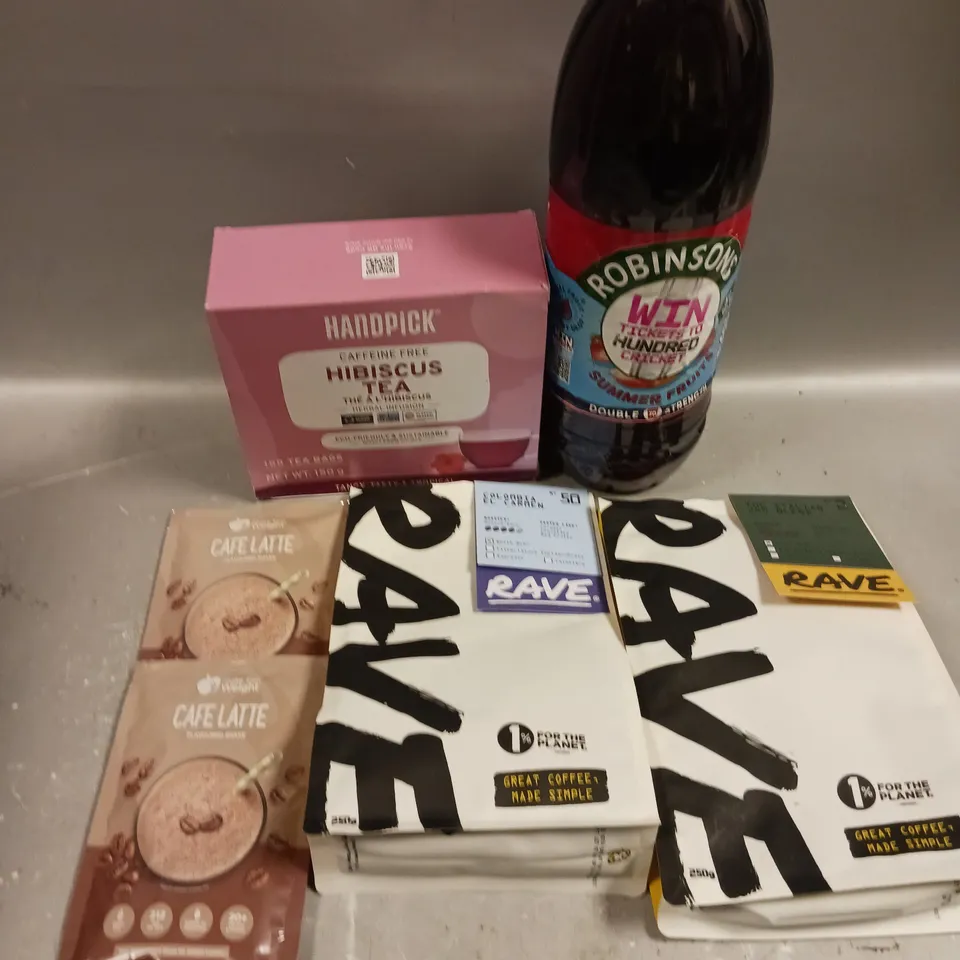 10 X ASSORTED FOOD/DRINK PRODUCTS TO INCLUDE RAVE COFFEE, HIBISCUS TEA, FRUIT JUICE ETC 