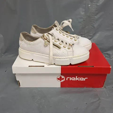 BOXED PAIR OF RIEKER CHUNKY SOLE TRAINERS IN WHITE - SIZE 5