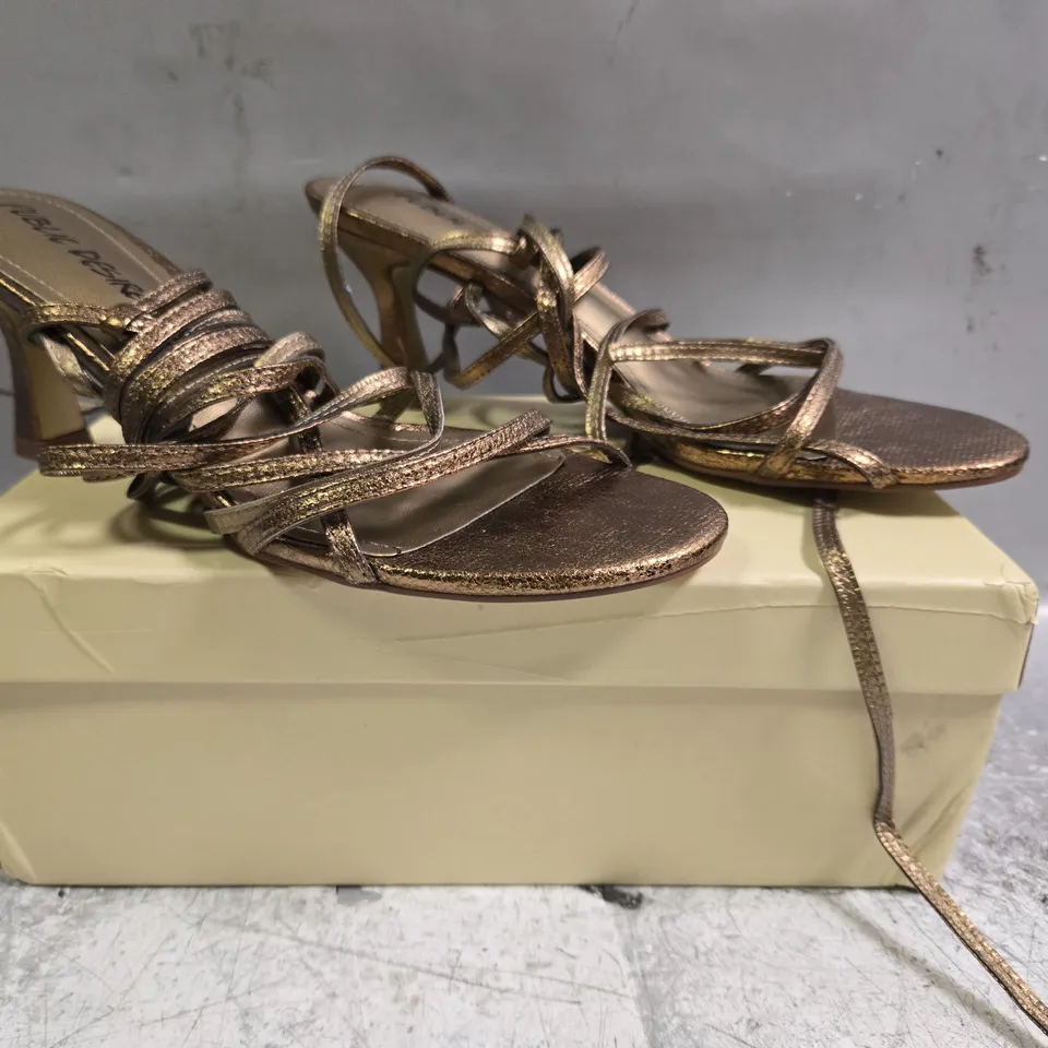 BOXED PAIR OF PUBLIC DESIRE OPEN TOE STRAPPY HEELED SANDALS IN METALLIC BRONZE SIZE UK 5