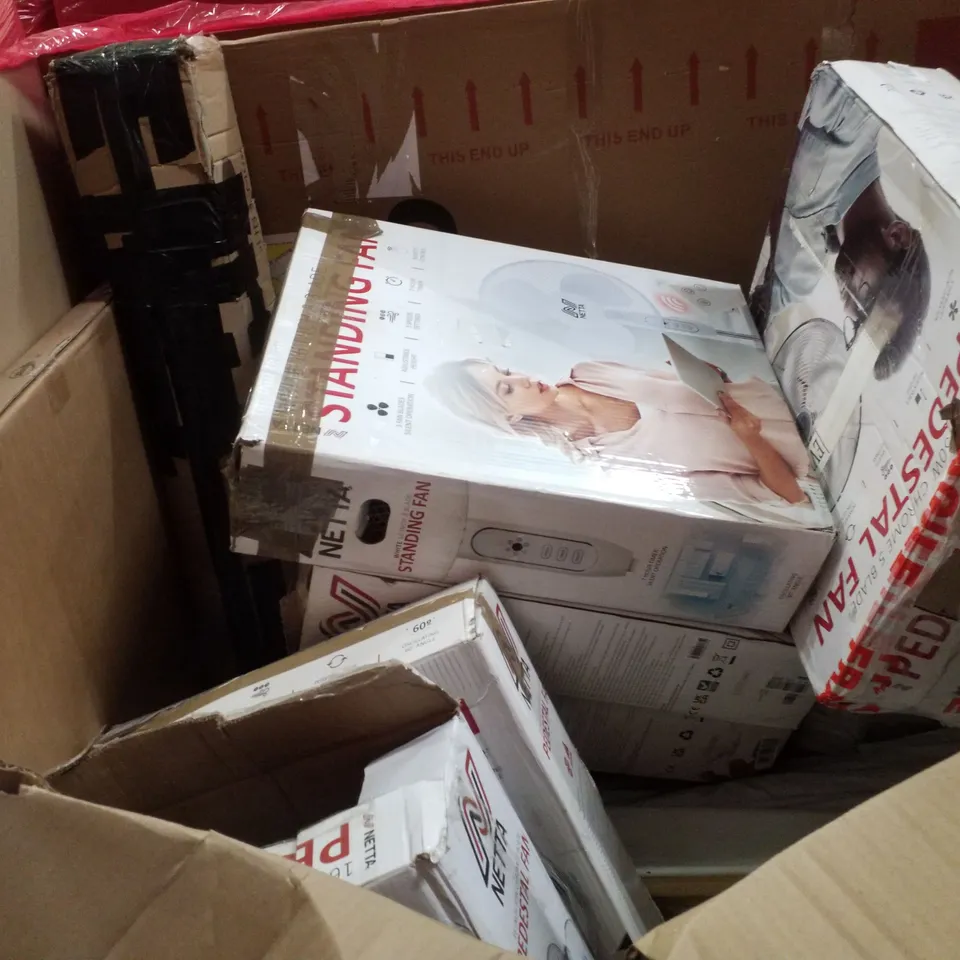 PALLET CONTAINING ASSORTED PRODUCTS INCLUDING ELECTRIC CURTAIN TRACK, BALL BEARING SLIDE, PROFESSIONAL BLENDER & ASSORTED NETTA STANDING FANS