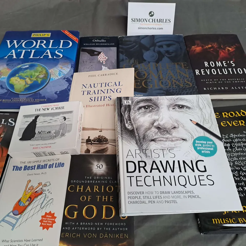 LOT OF APPROXIMATELY 20 ASSORTED BOOKS TO INCLUDE WORLD ATLAS, DRAWING TECHNIQUES AND ROMES REVOLUTION