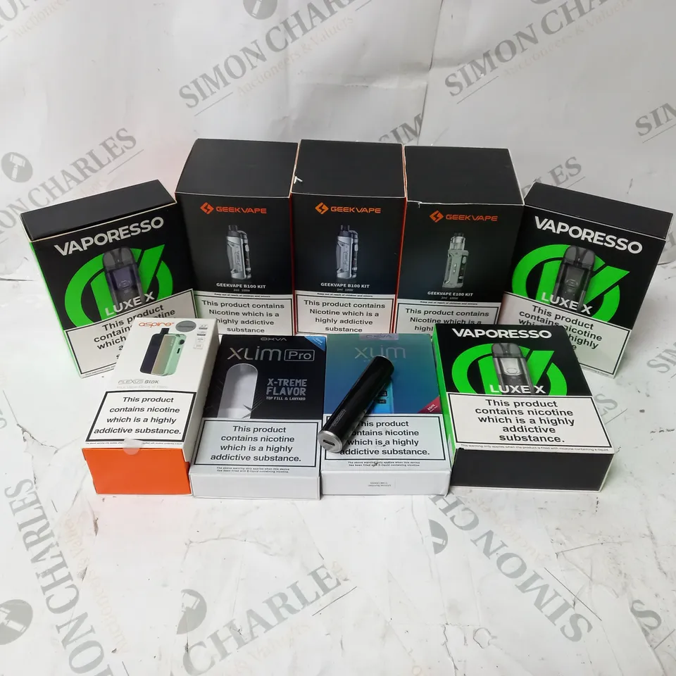 BOX OF APPROXIMATELY 10 ASSORTED E-CIG PRODUCTS TO INCLUDE GEEKVAPE, ASPIRE, VAPORESSO 