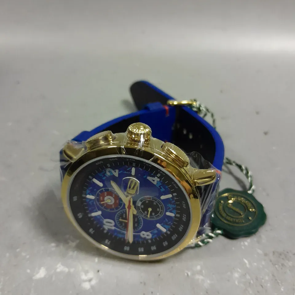 GAMAGES TARGET RACER GOLD COLOUR CASE BLUE DIAL WATCH 