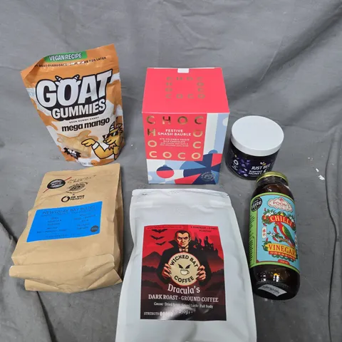APPROXIMATELY 10 ASSORTED FOOD/DRINK PRODUCTS TO INCLUDE CHILI VINEGAR, GOAT GUMMIES, WICKED BAT COFFEE ETC  