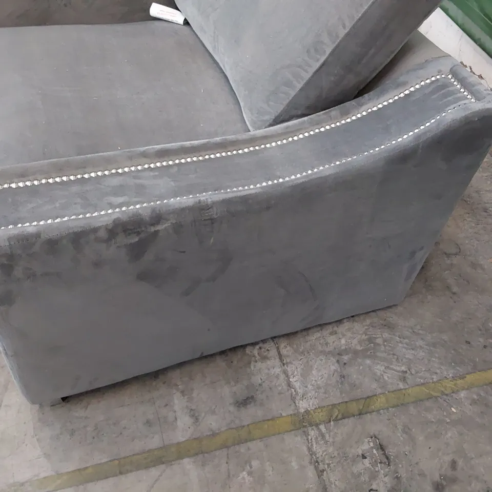DESIGNER EASY CHAIR GREY PLUSH FABRIC WITH STUDDED DETAIL 