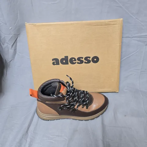 ADESSO HIKING BOOTS, BROWN/TAN LEATHER WITH ORANGE PULL TAB-SIZE EUR 40 