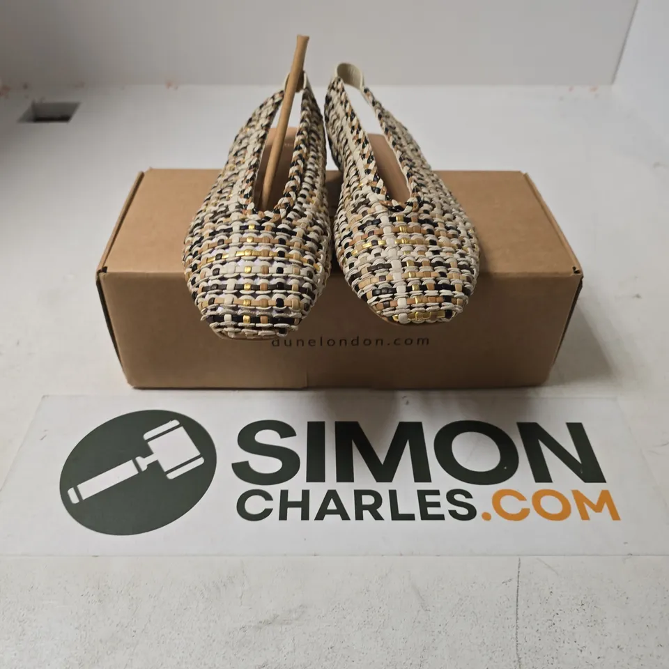 BOXED PAIR OF DUNE WOVEN LEATHER SLING SHOES IN MULTI LEATHER - SIZE 6