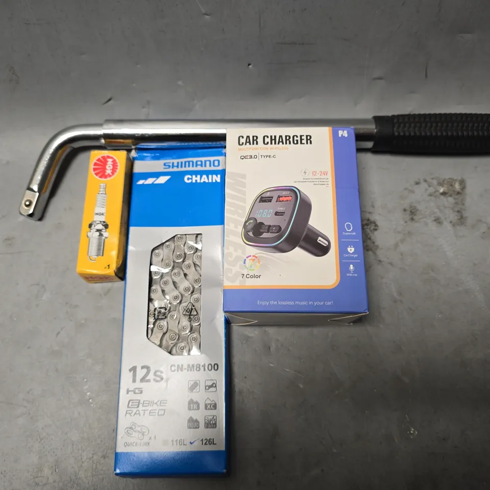 APPROXIMATELY 12 ASSORTED ITEMS TO INCLUDE - CAR CHARGER , TELESCOPIC CAR WRENCH ETC