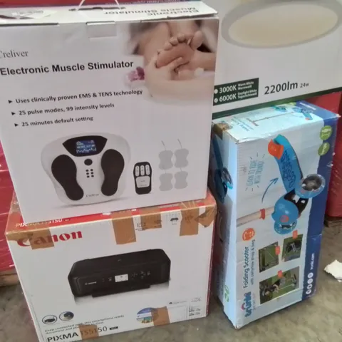 PALLET OF ASSORTED HOUSEHOLD GOODS AND PRODUCTS TO INCLUDE;MUSCLE STIMULATOR,CANON PRINTER,FOLDING SCOOTER,LED CEILING LIGHT