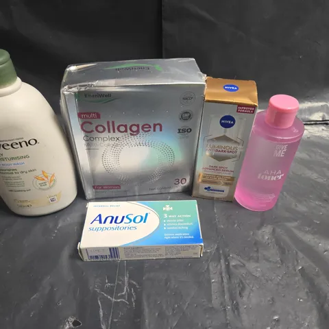 APPROXIMATEY 20 ASSORTED HEALTH AND BEAUTY PRODUCTS TO INCLUDE - AVEENO BODY WASH - GIVE ME AHA TONER AND ANUSOL SUPPOSITORIES