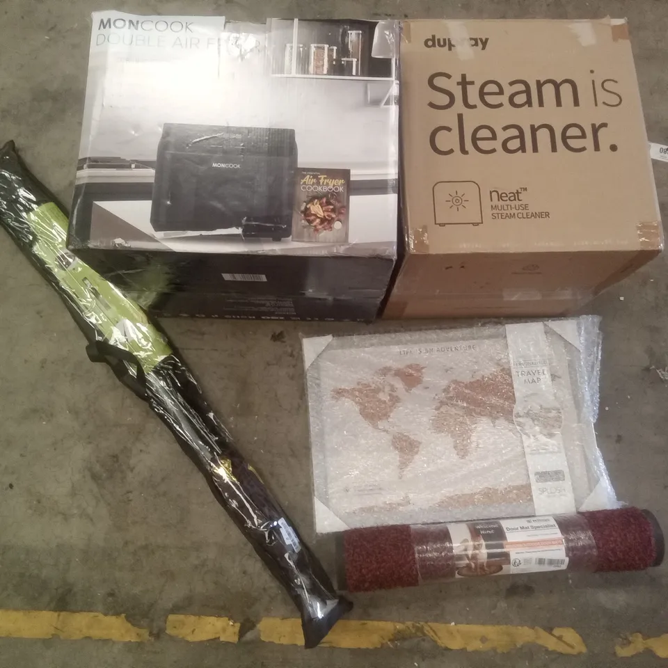 PALLET OF ASSORTED ITEMS INCLUDING DUPRAY STEAM CLEANER, CORKBOARD WORLD MAP, MIBQO DOOR MAT, BIRD KITE, MONCOOK DOUBLE AIR FRYER 