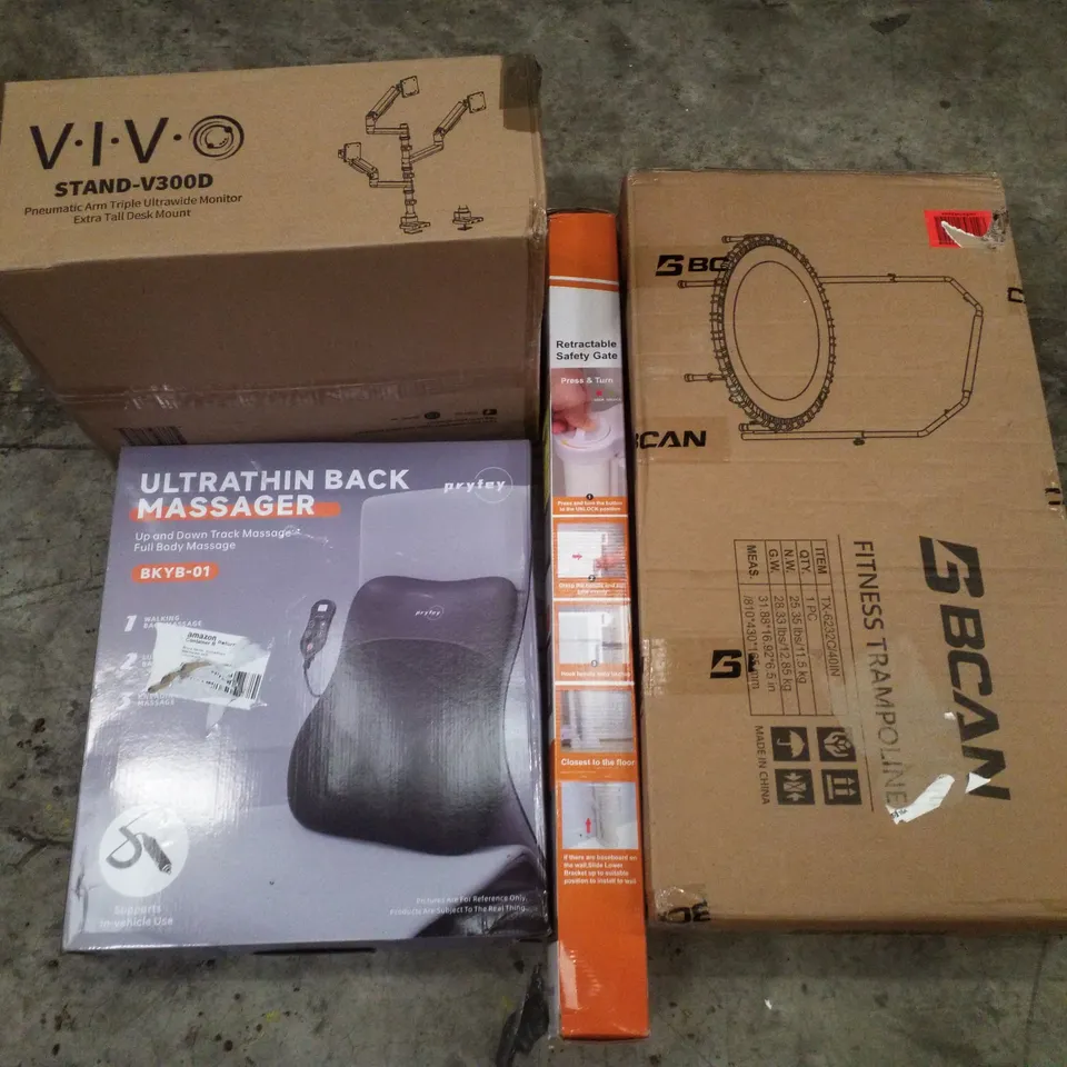 PALLET CONTAINING ASSORTED PRODUCTS INCLUDING TRIPLE ARM MONITOR DESK MOUNT, ULTRATHIN BACK MASSAGER, RETRACTABLE SAFETY GATE, FITNESS TRAMPOLINE & TURNTABLE SYSTEM