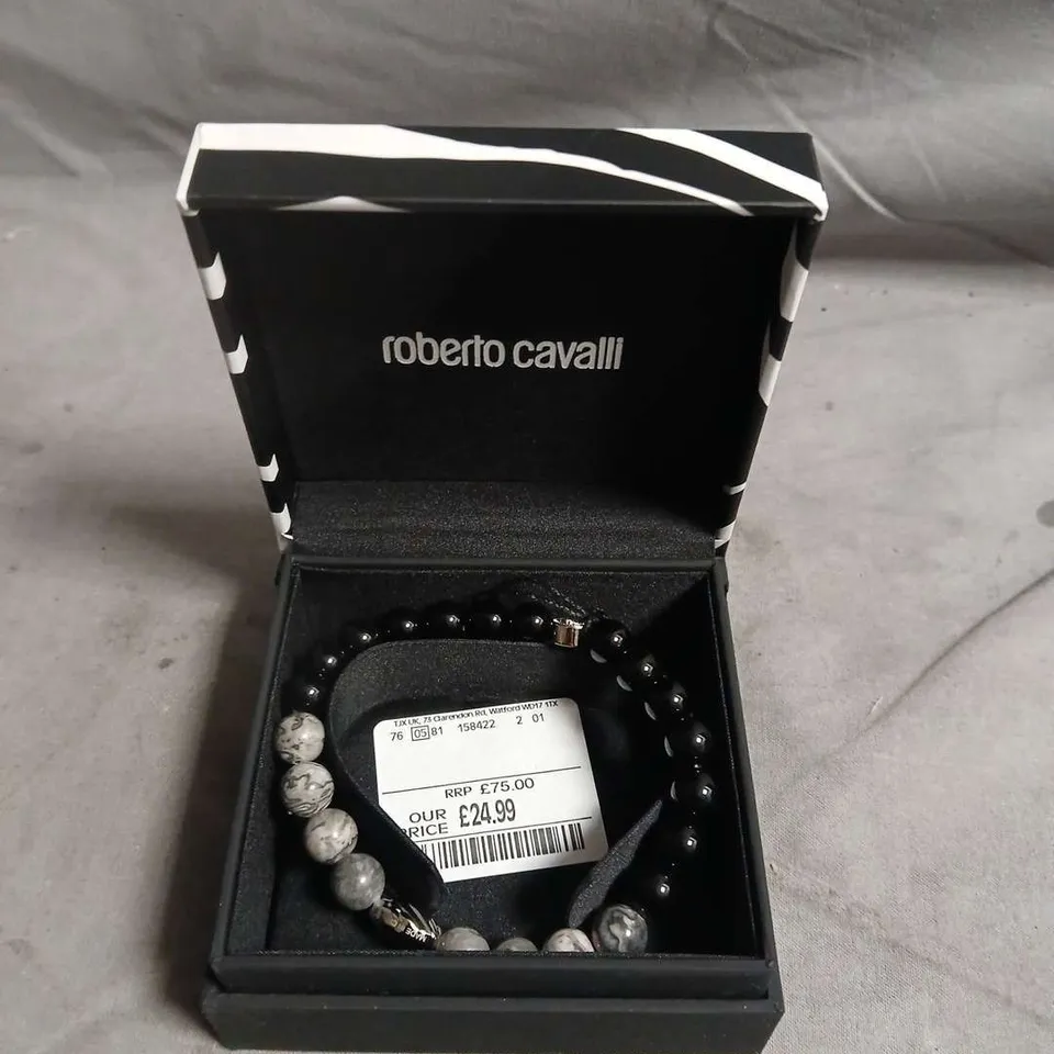 ROBERTO CAVALLI BEADED BRACELET – BLACK & GREY MARBLE BEADS