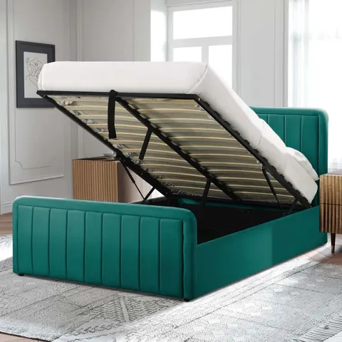 BOXED ALTGELD UPHOLSTERED OTTOMAN BED - GREEN // SIZE: DOUBLE (3 BOXES)