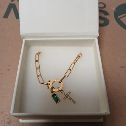 OLIVIA JEWELRY GOLD-TONE BRACELET WITH GREEN GEMSTONE AND CROSS CHARMS