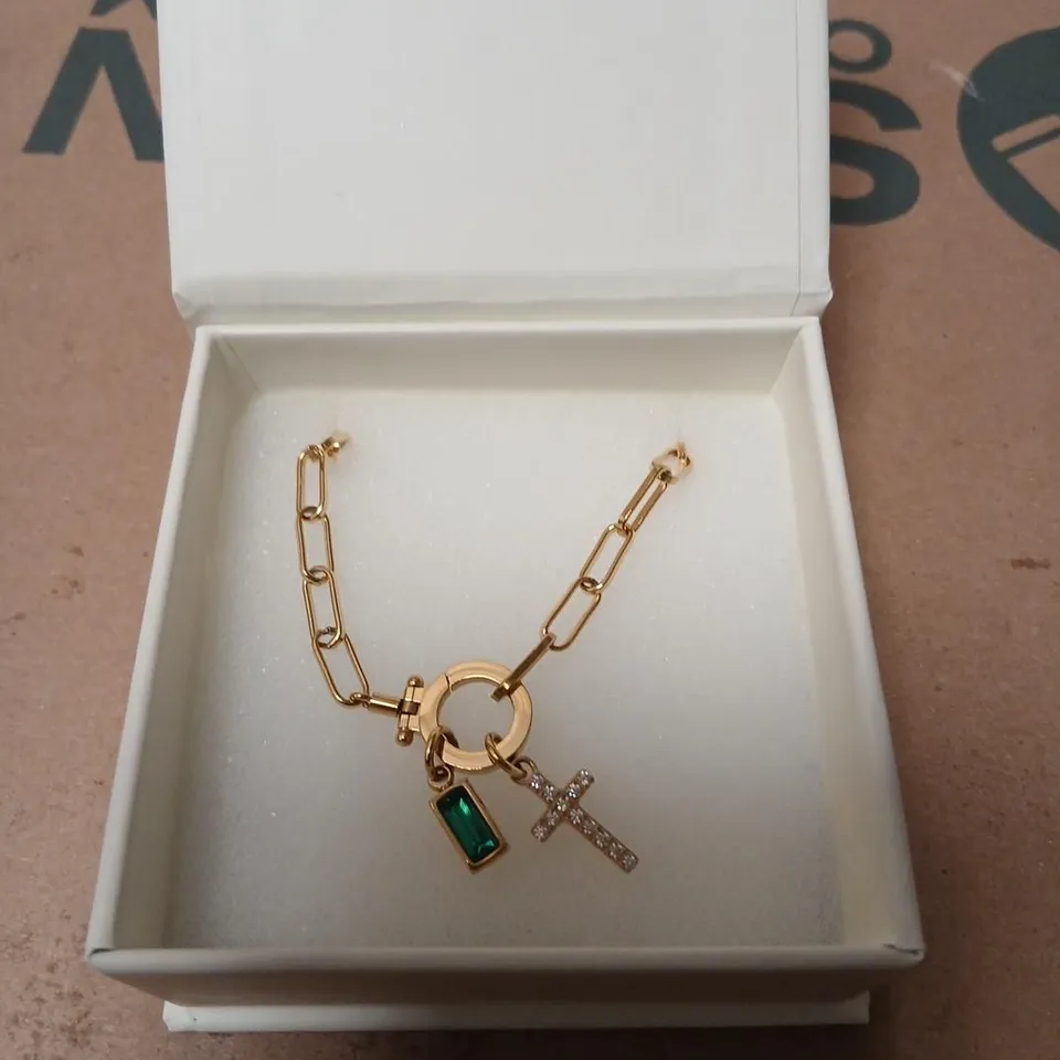 OLIVIA JEWELRY GOLD-TONE BRACELET WITH GREEN GEMSTONE AND CROSS CHARMS