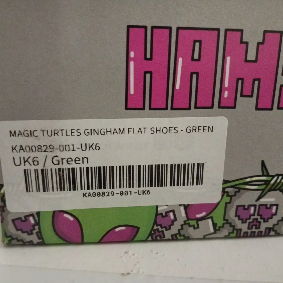 BOXED PAIR OF KOI MAGIC TURTLES GREEN GINGHAM FLAT SHOES – UK SIZE 6