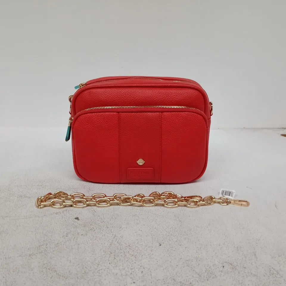 POM POM LONDON RED/ORANGE CROSSBODY BAG WITH GOLD-TONE CHAIN STRAP WITH UNDERGROUND DUST BAG