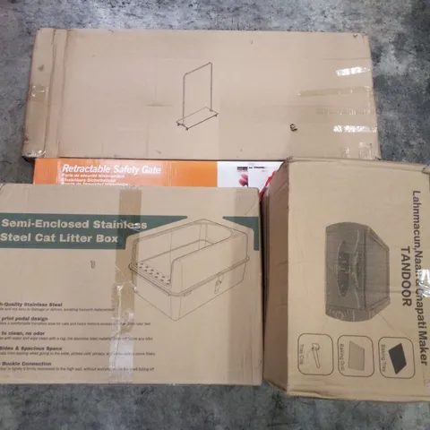 PALLET CONTAINING ASSORTED PRODUCTS INCLUDING GARMENT RACK, RETRACTABLE SAFETY GATE, SEMI ENCLOSED CAT LITTER BOX & TANDOOR OVEN