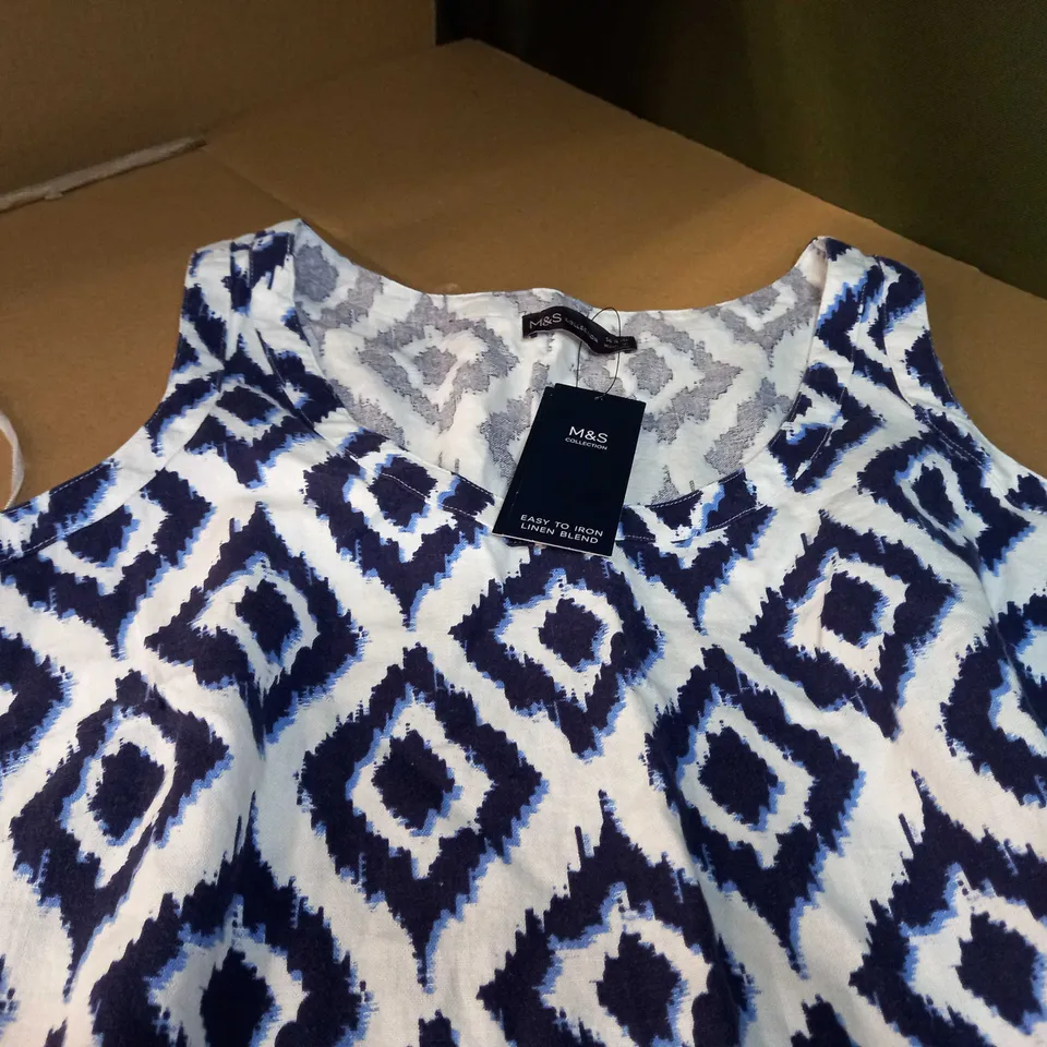 M&S WHITE/BLUE PATTERN LINEN BLEND SLEEVELESS DRESS - SIZE 14