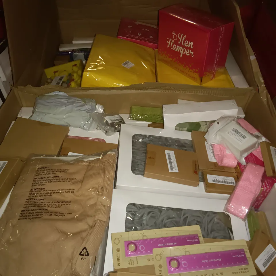 PALLET OF ASSORTED ITEMS TO INCLUDE ARTIFICIAL FLOWER PACKS, HEN PARTY GAMES AND PADDED ENVELOPES