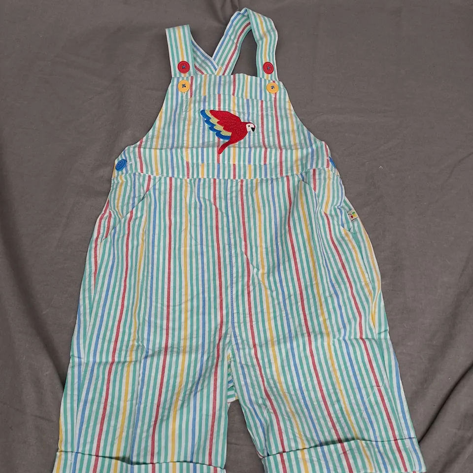 FRUGI GODREVY DUNGAREE IN MULTI STRIPE PARAKEET SIZE 18-24MONTHS