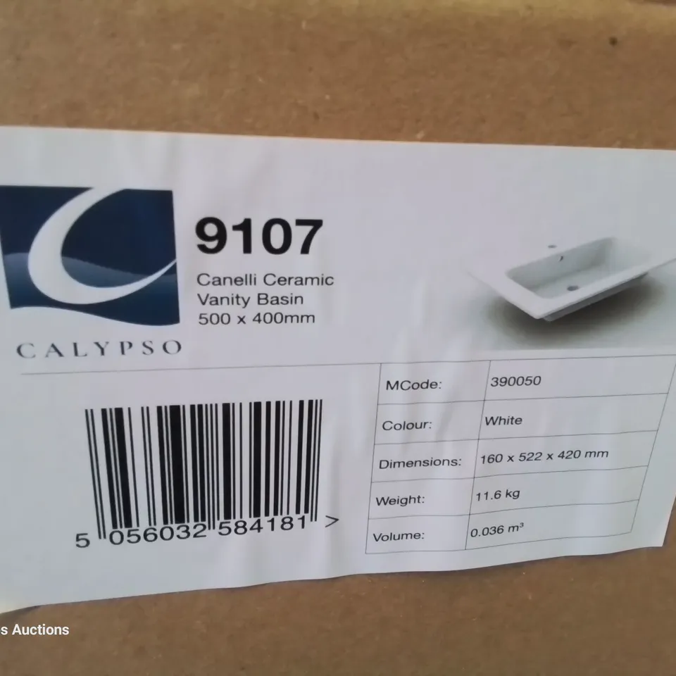 BOXED CANELLI CERAMIC SINGLE TAP VANITY BASIN WHITE 500 × 400mm