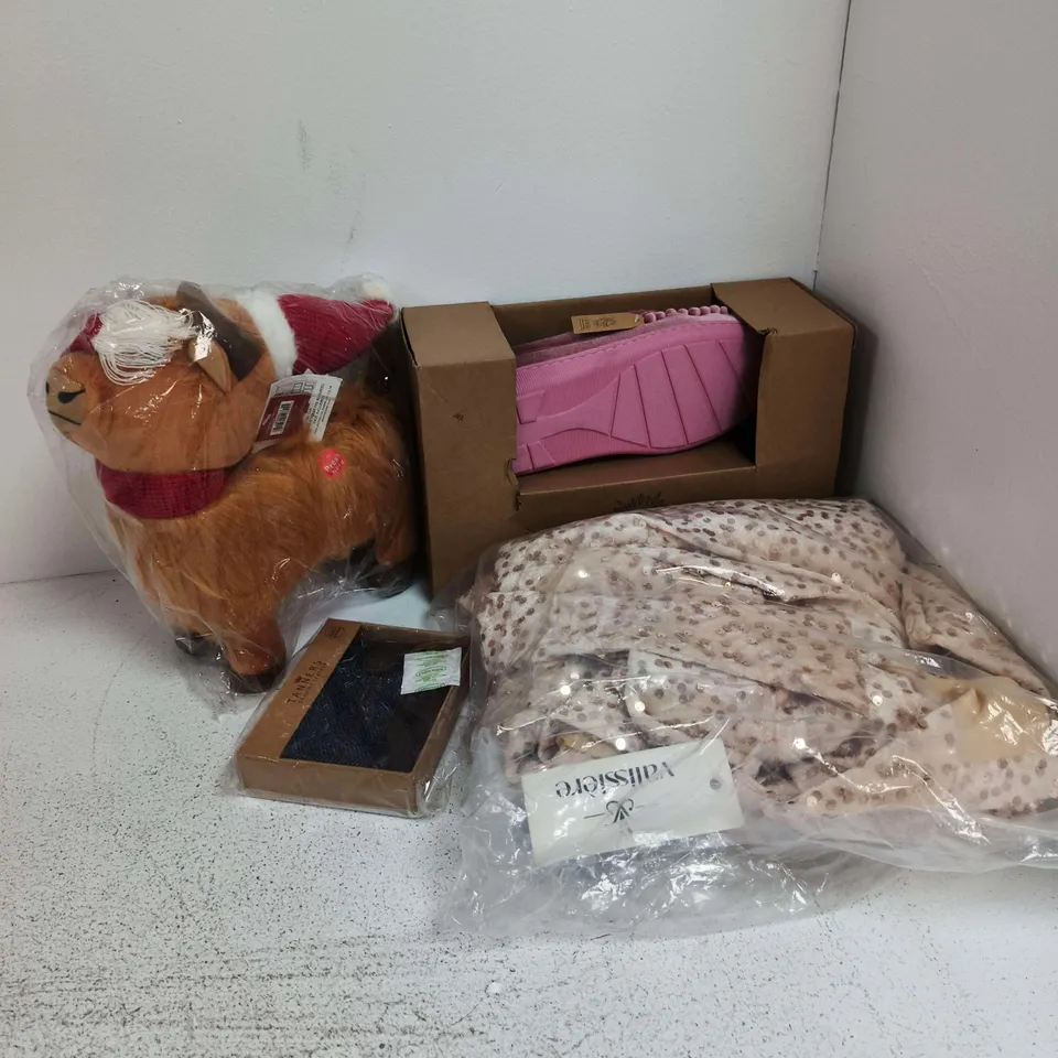 APPROXIMATELY 15 ASSORTED ITEMS TO INCLUDE JO&JOE SHOES, CHRISTMAS DANCING HIGHLAND COW, TANNERS WALLET, ETC - COLLECTION ONLY