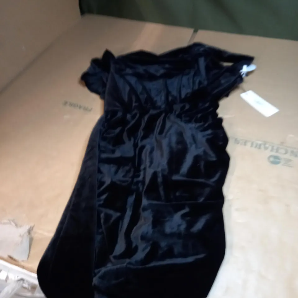 VELVET CORSET BARDOT DRAPE MINI DRESS IN BLACK SIZE 16