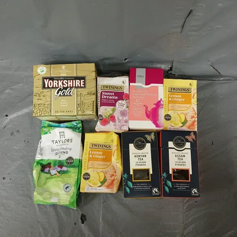 APPROXIMATELY 8 ASSORTED FOOD & DRINK ITEMS TO INCLUDE - YORKSHIRE GOLD, TWINNINGS TEA, AND M&S TEA ETC. 