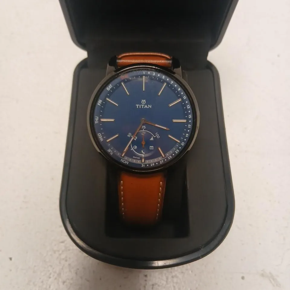 TITAN WRISTWATCH WITH BLUE DIAL & BROWN LEATHER STRAP