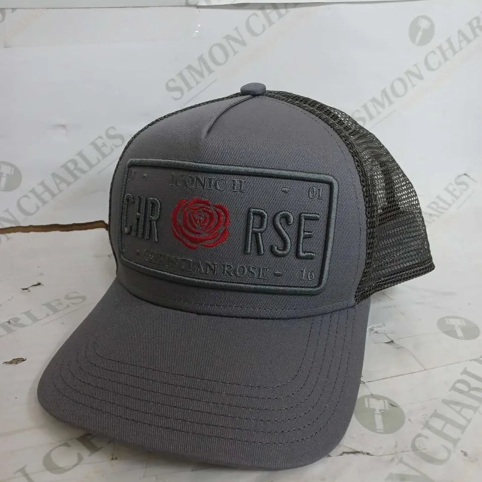 CHRISTIAN ROSE LIGHT GREY ROSE PLATE TRUCKER HAT  