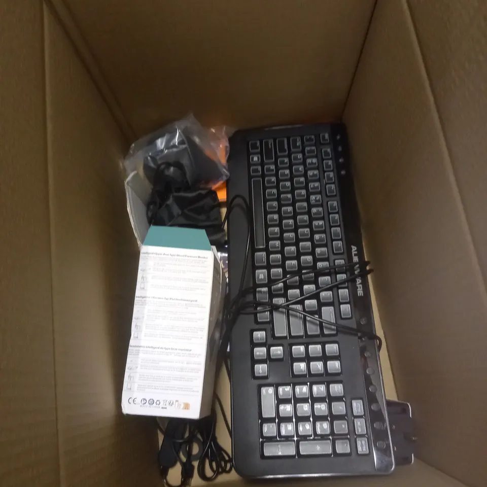 BOX OF APPROXIMATELY 5 ASSORTED ITEMS TO INCLUDE KEYBOARD, NAIL POLISH, PORTABLE HEATER