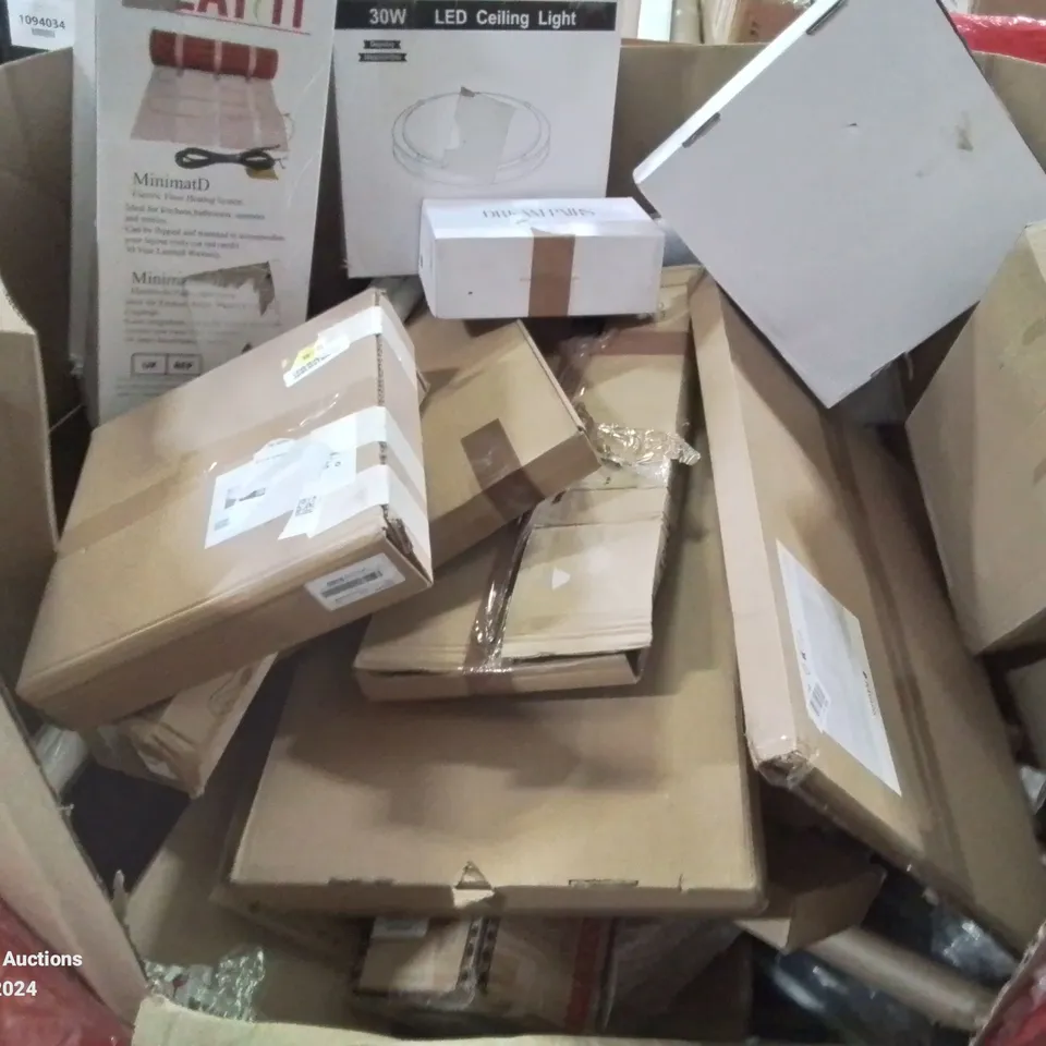 PALLET CONTAINING VARIOUS BOXED MIXED ITEMS TO INCLUDE: FLOOR HEATING SYSTEM, LED CEILING LIGHTS, SHOES ETC.