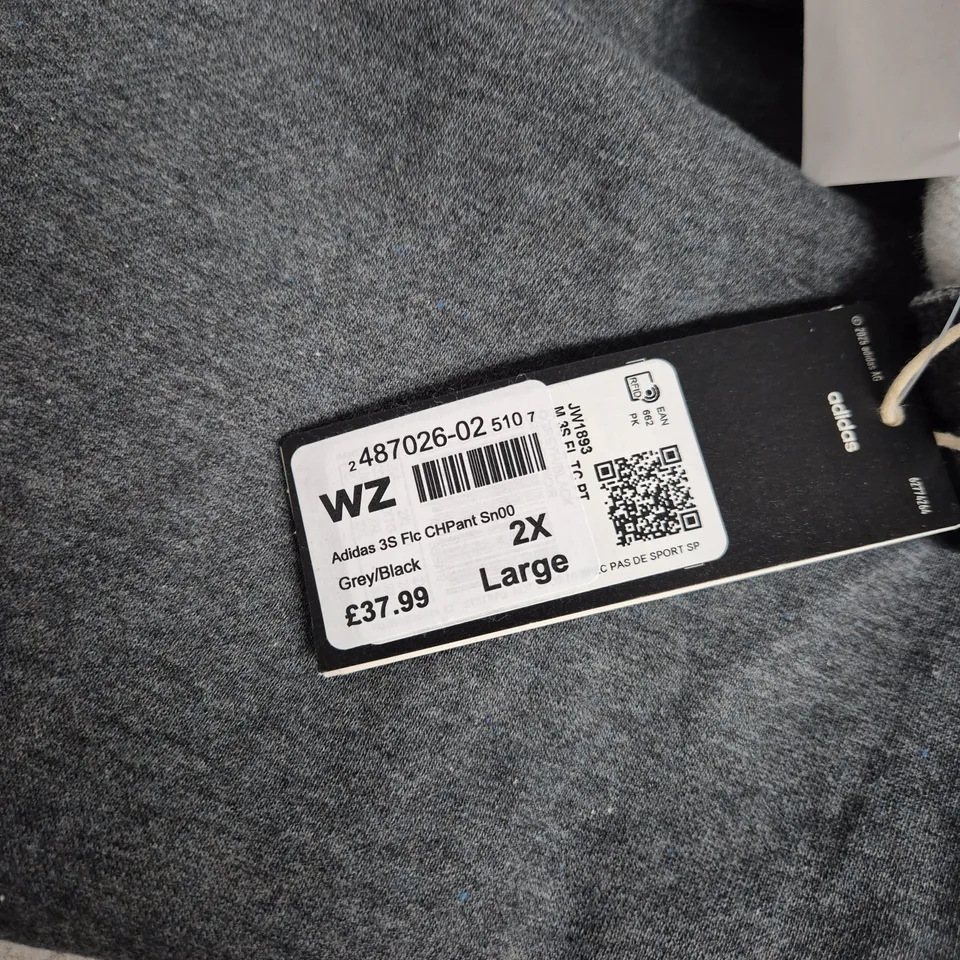 ADIDAS TRACK PANTS – GREY WITH BLACK SIDE STRIPES, UK SIZE LARGE