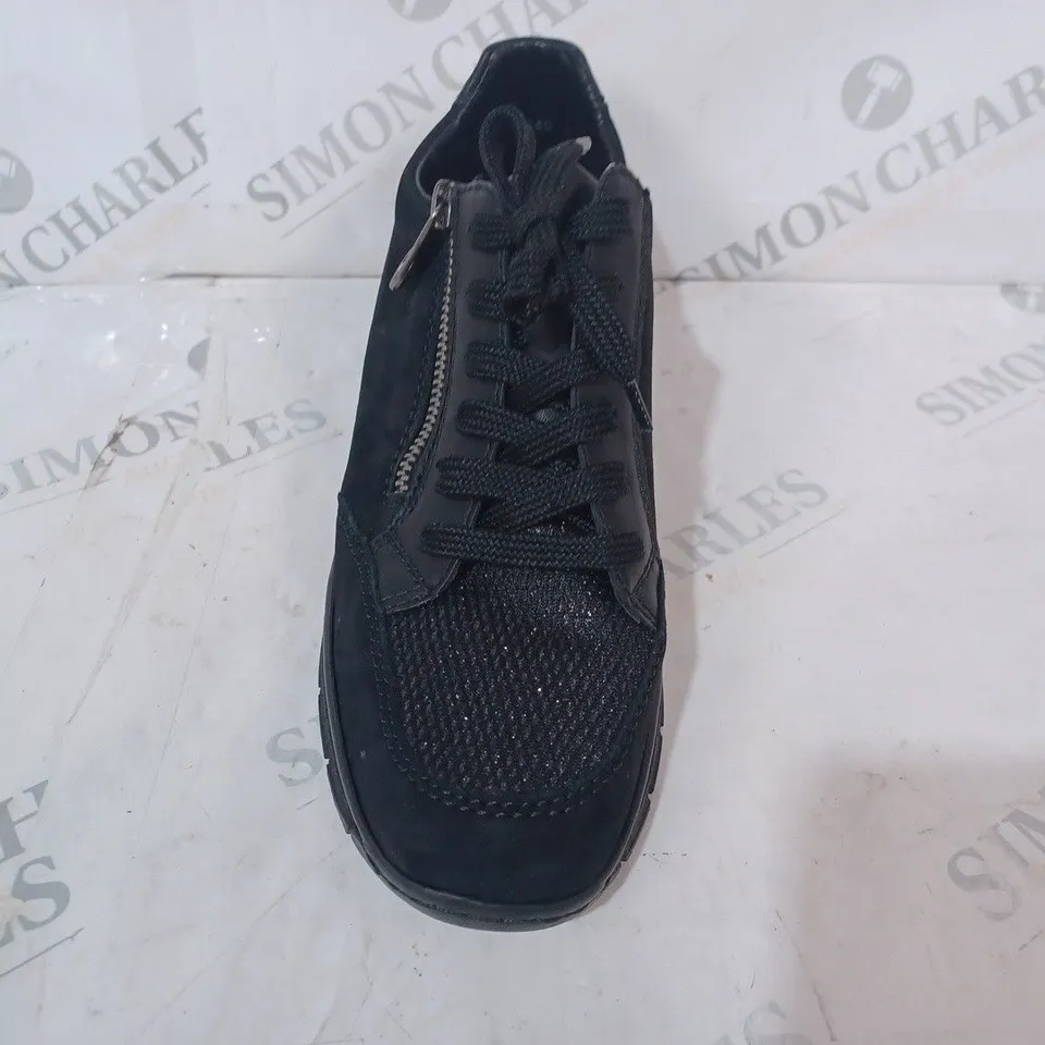BOXED PAIR OF RIEKER WEDGE TRAINERS WITH SIDE ZIPS - BLACK - SIZE 6