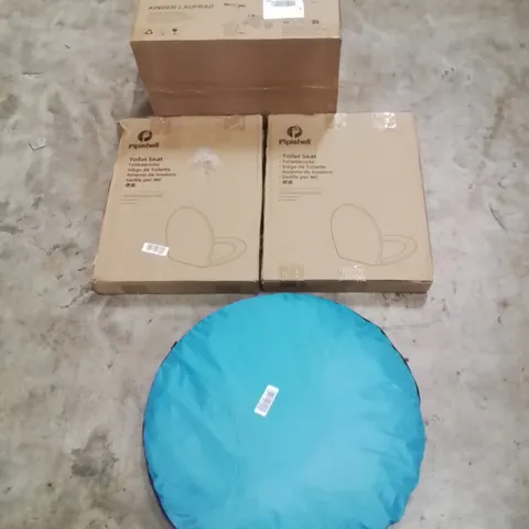 PALLET OF ASSORTED HOUSEHOLD GOODS AND PRODUCTS TO INCLUDE; TOILET SEATS, KIDS TRICYCLE, BEACH CHANGING TENT, BOXED FURNITURE ETC