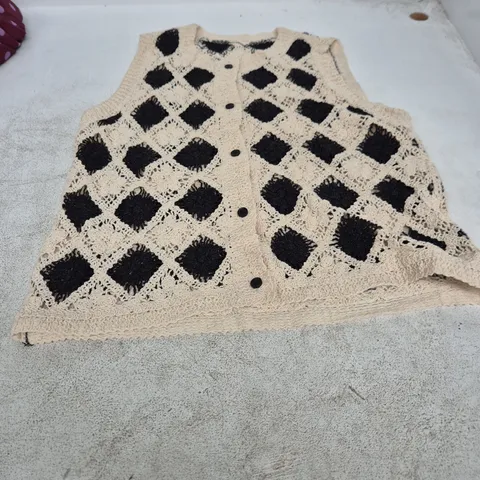 SHEIN WOMEN'S CROCHET VEST – BEIGE/BLACK DIAMOND PATTERN, UK 6 (EU 34, US 2)