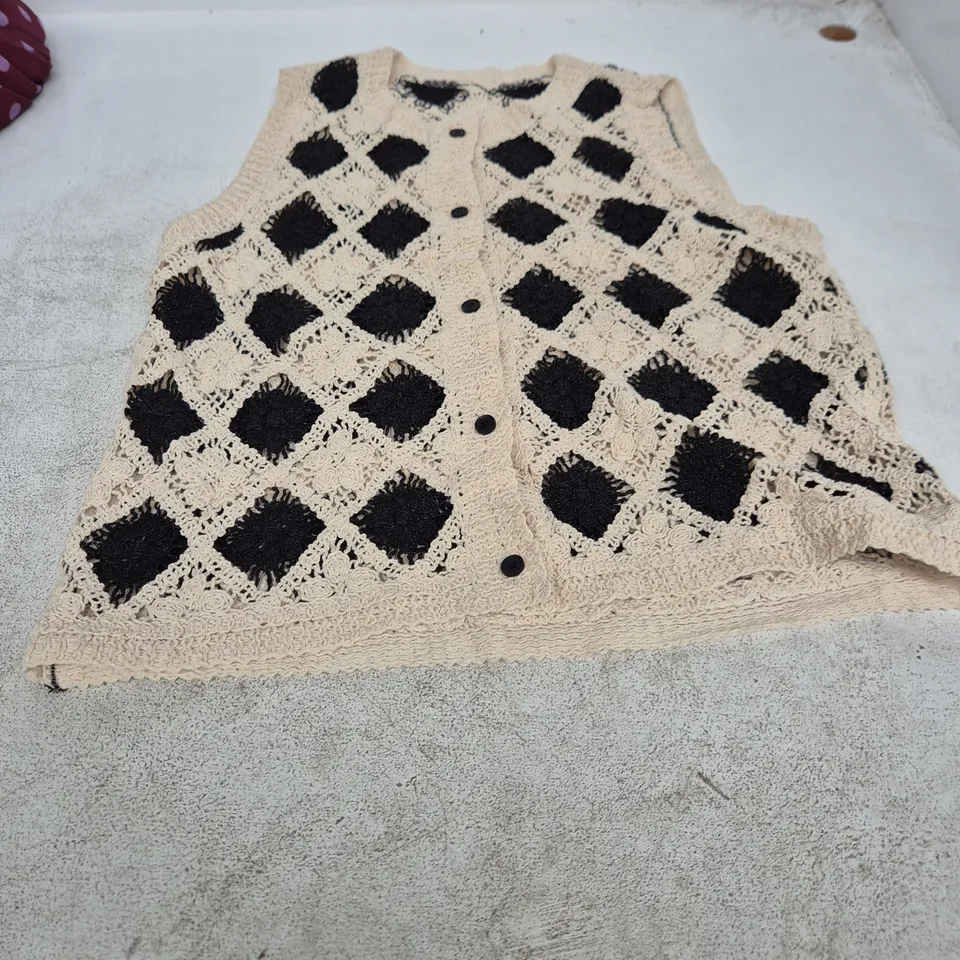 SHEIN WOMEN'S CROCHET VEST – BEIGE/BLACK DIAMOND PATTERN, UK 6 (EU 34, US 2)