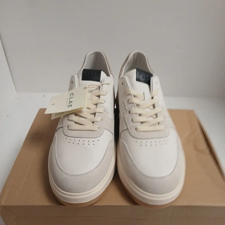 BOXED PAIR OF CLAE MOSES WHITE FEATHER SNEAKERS – UK 9.5