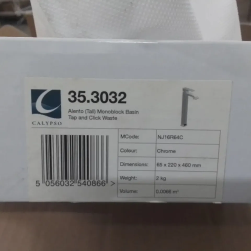 BOXED AS NEW CALYPSO ALENTO TALL MONOBLOCK BASIN TAP AND CLICK WASTE IN CHROME
