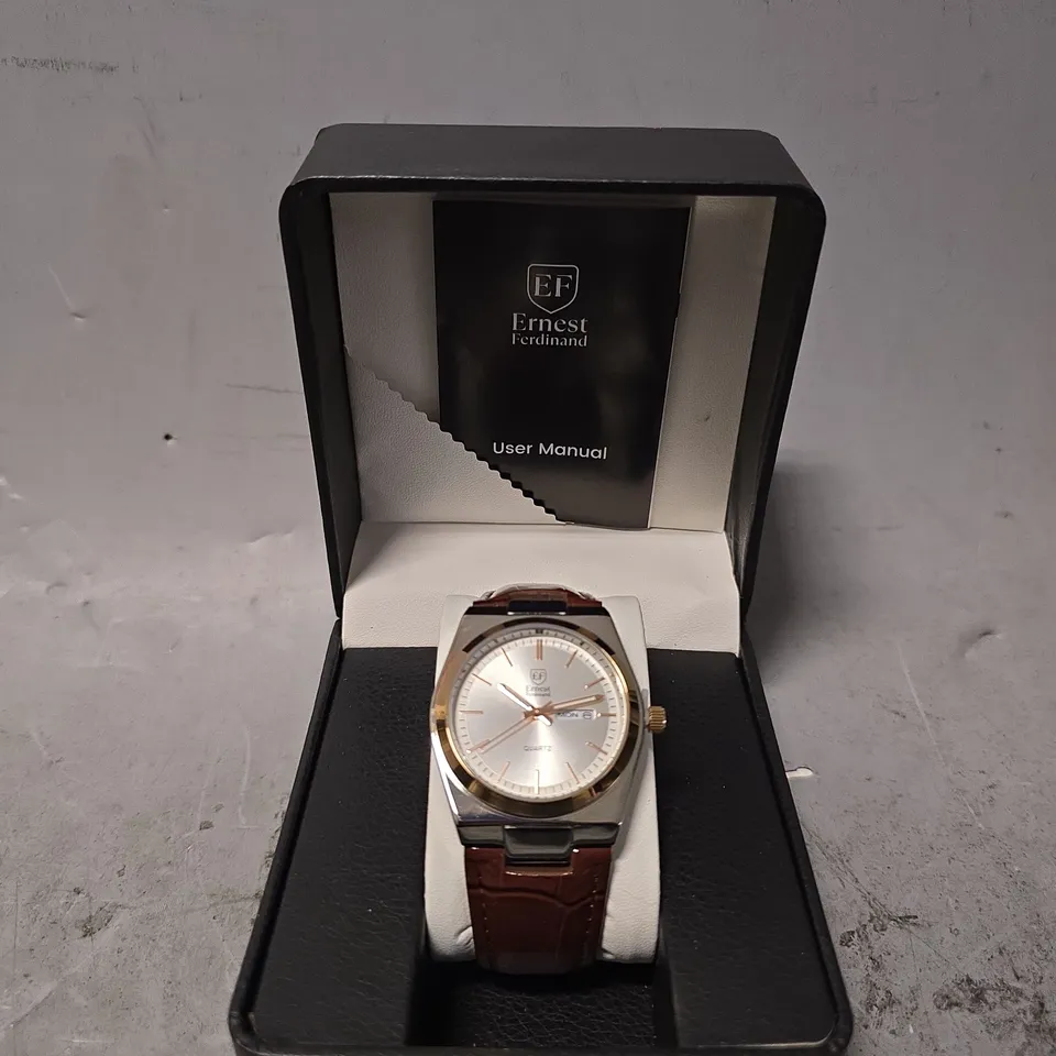 ERNEST FERDINAND WATCH – DAY DATE CALENDAR DIAL – LEATHER STRAP – 3ATM WATER RESISTANT - GIFT BOX
